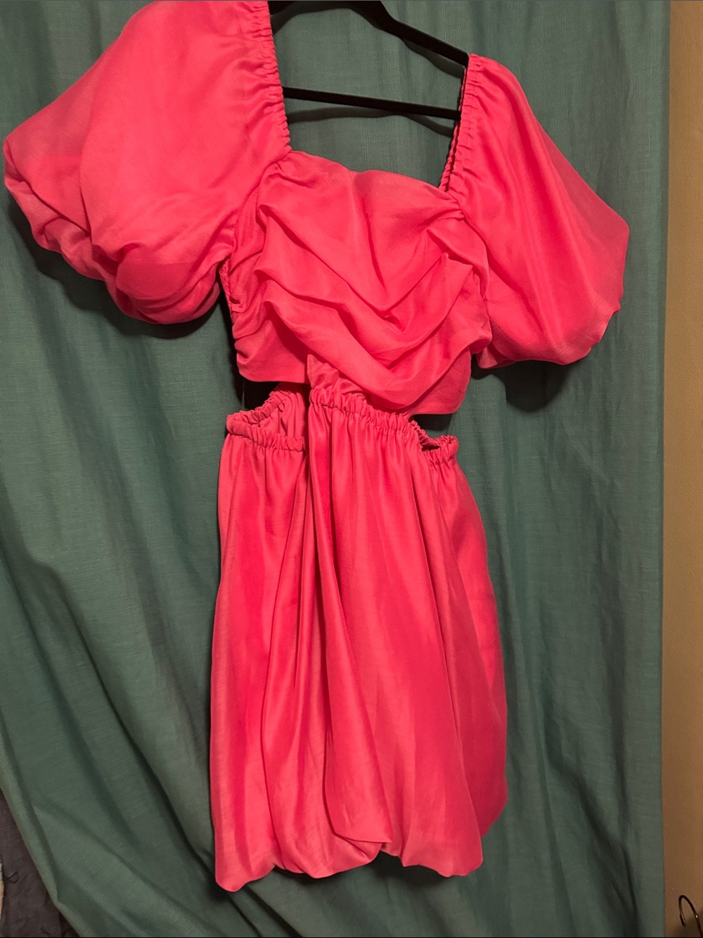 Pink Puff Sleeve Mini Dress with Ruched Bodice with pockets